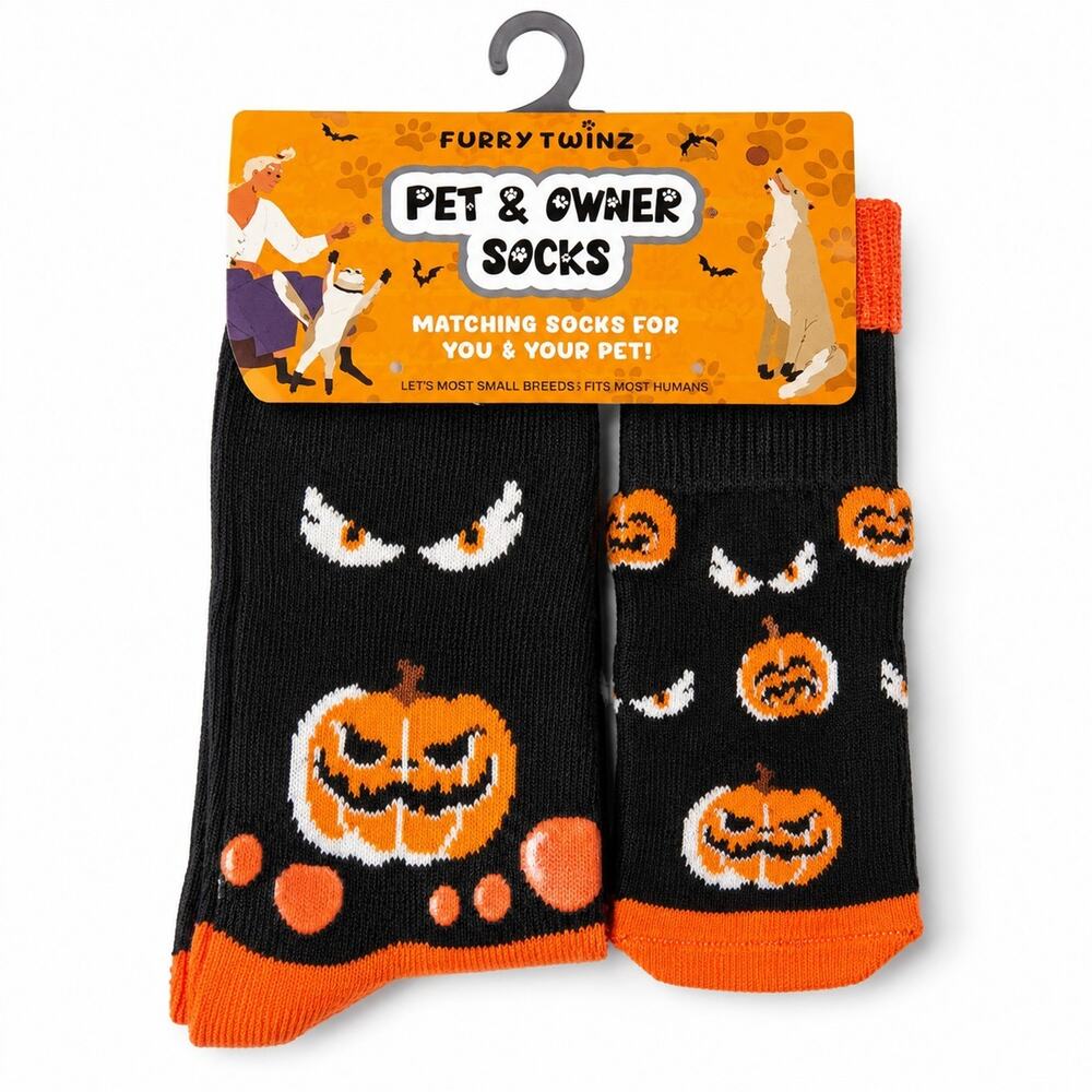 Furry Twinz Halloween Pet & Owner Matching Socks Black Orange Pumpkin